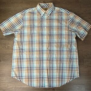 Roundtree & Yorke Blue Brown White Plaid Button Down Short Sleeve Shirt, size L